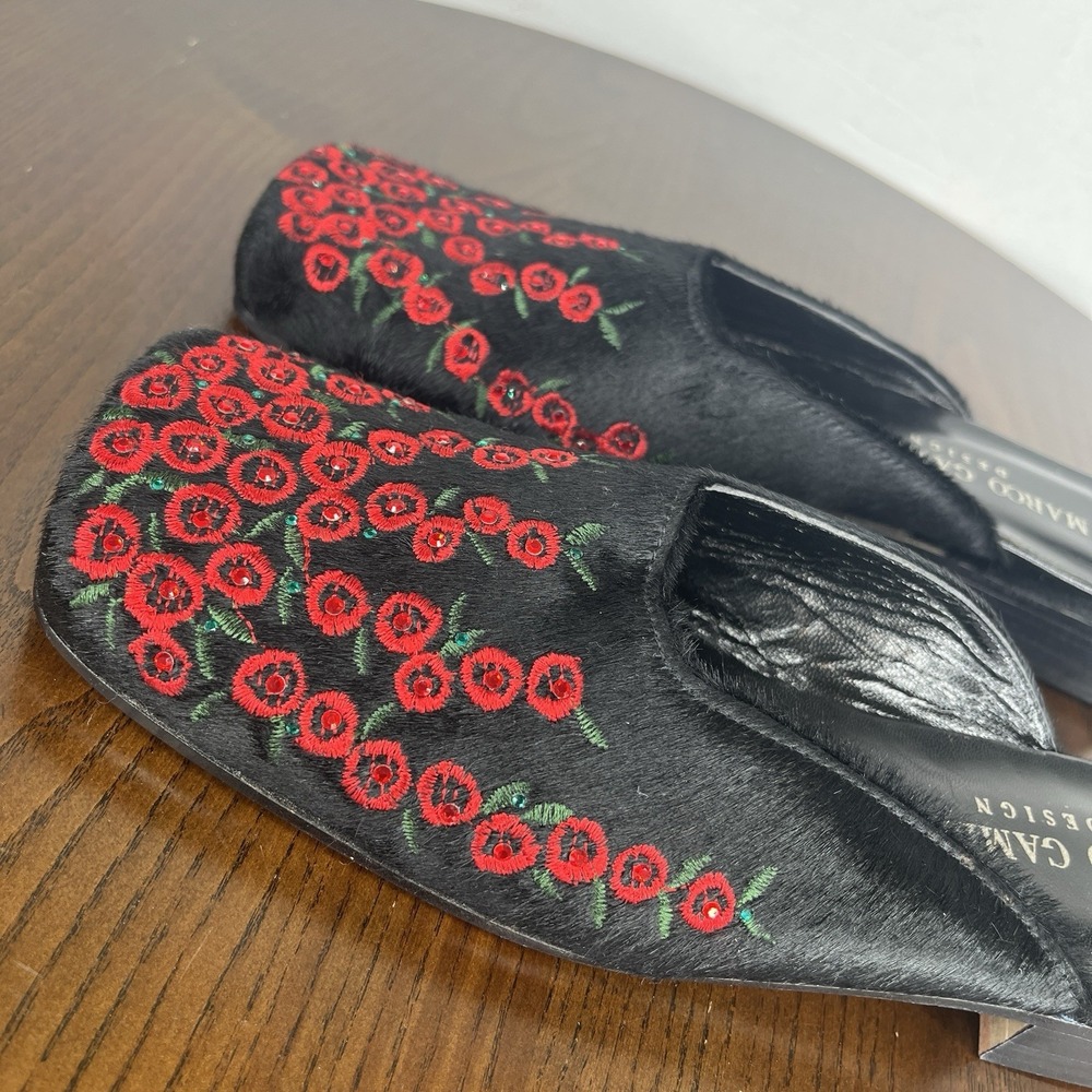 Marco Gambassi Mule Shoes Women's 37 / 7 Black Red Fur-Like Flower Embroidery - Picture 12 of 16
